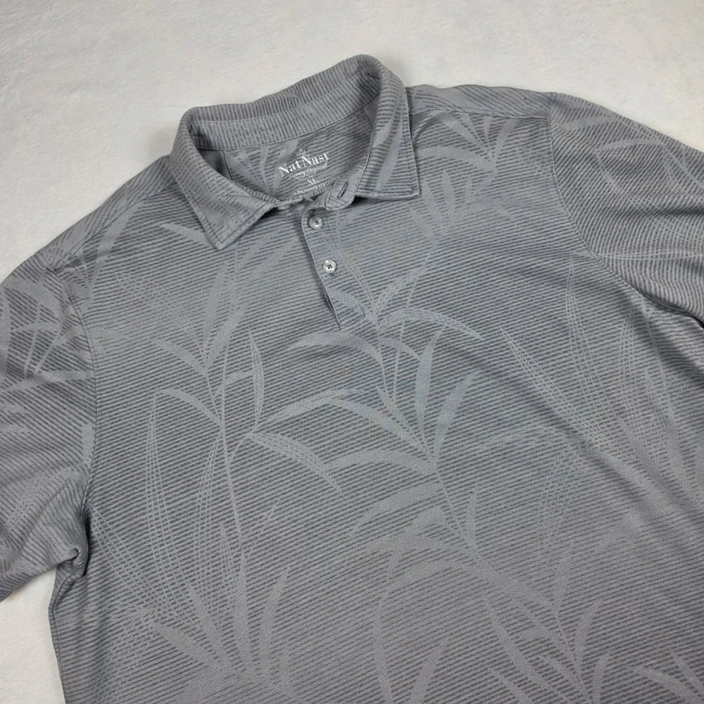 Nat Nast Luxury Original Men XL Grey Tropical Leaf Print Polo Shirt Short Sleeve